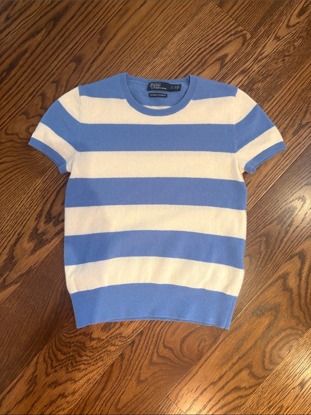 Polo by Ralph Lauren Blue and White Striped Cashmere Short Sleeve Sweater